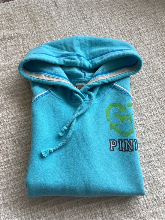 PINK Victoria's Secret Tops - PINK Victoria's Secret Bright Aqua Hoodie with Lime Accent